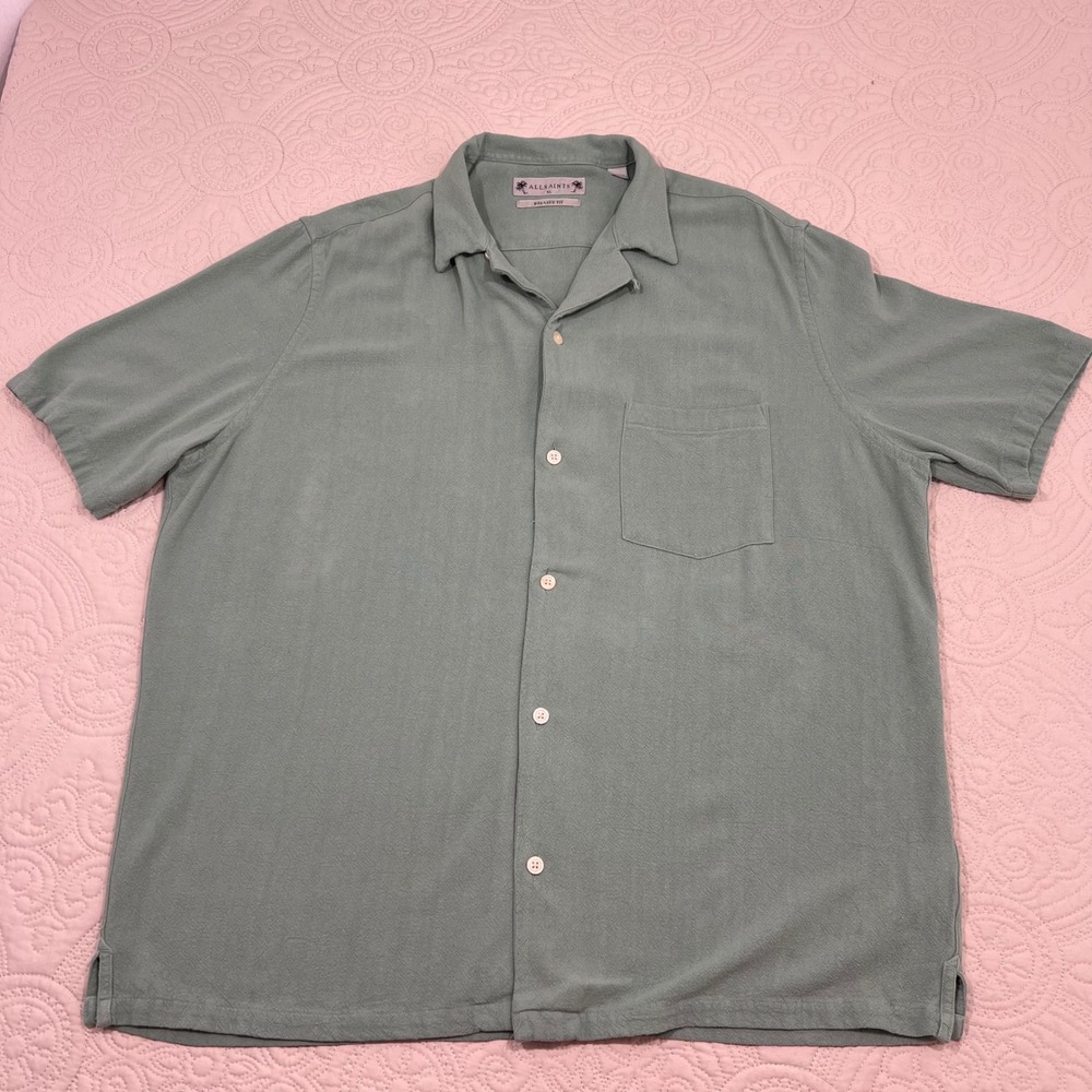AllSaints Relaxed Fit Cudi Camp Collar Shirt Sage Green Mens XL Linen Blend - Picture 4 of 9